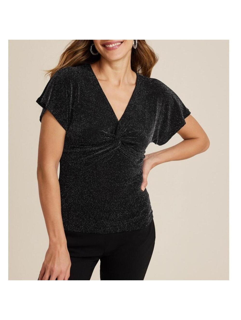 Maurices Black Flutter Sleeve Blouse with Tie Front